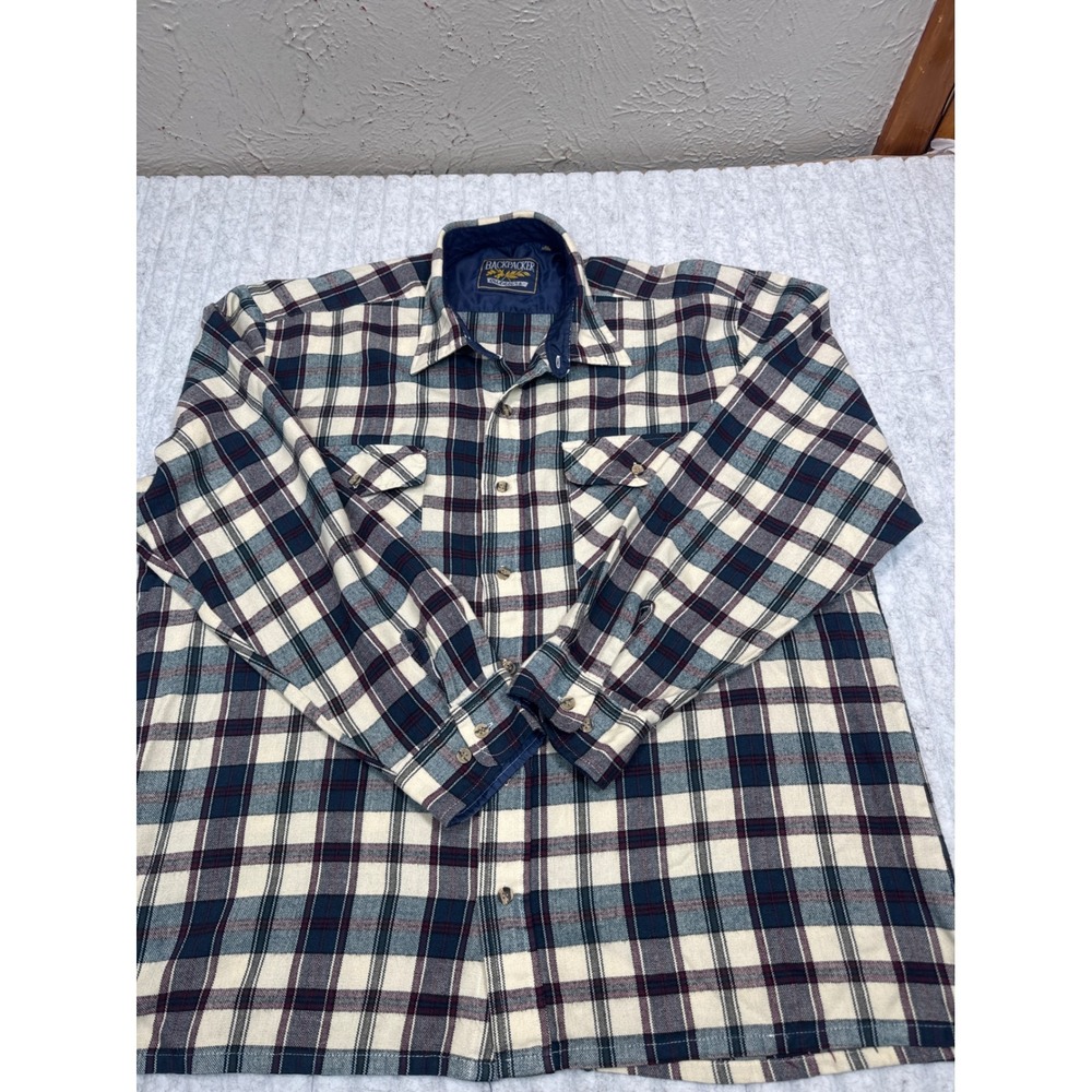 Backpacker Outdoors Mens XL Plaid Flannel Shirt Cream Navy Burgundy Button‎ Up